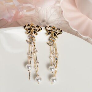 NEW Handmade Black & Gold Bow Earrings with Rhinestone Number 5 Charm